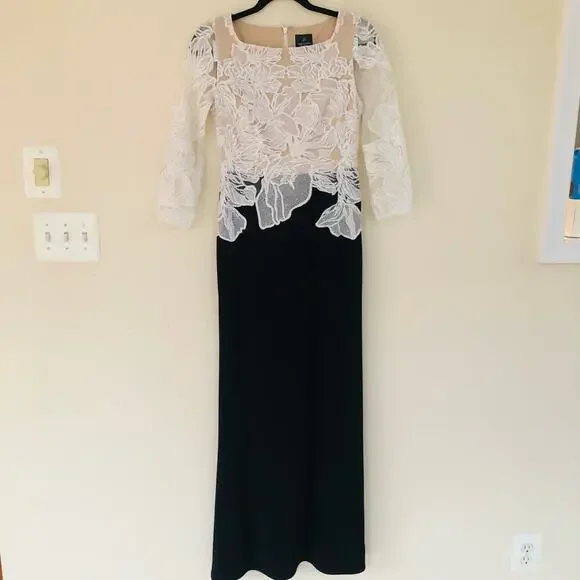Adrianna Papell Embroidered Contrast Evening Gown Black Ivory Women's Size 2 - Picture 3 of 10